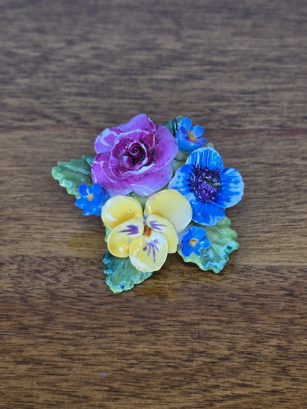 Hand-Painted Floral Porcelain Brooch in Pink, Blue & Yellow